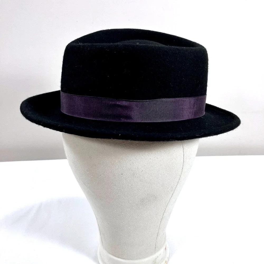 Grace Hats Fedora Black Wool‎ Felt Purple Grosgrain Ribbon Bow Accent Hat